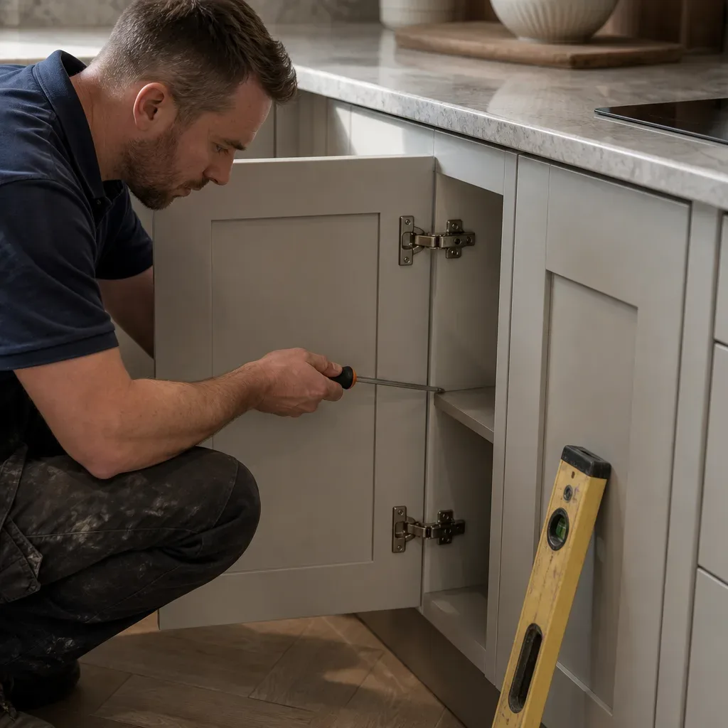 A kitchen fitter kneeling at a base unit and tightening the hinge screws on a shaker-style cabinet door with a screwdriver while the spirit level resting against the adjacent unit and the newly fitted stone worktop edge are both visible in a domestic kitchen