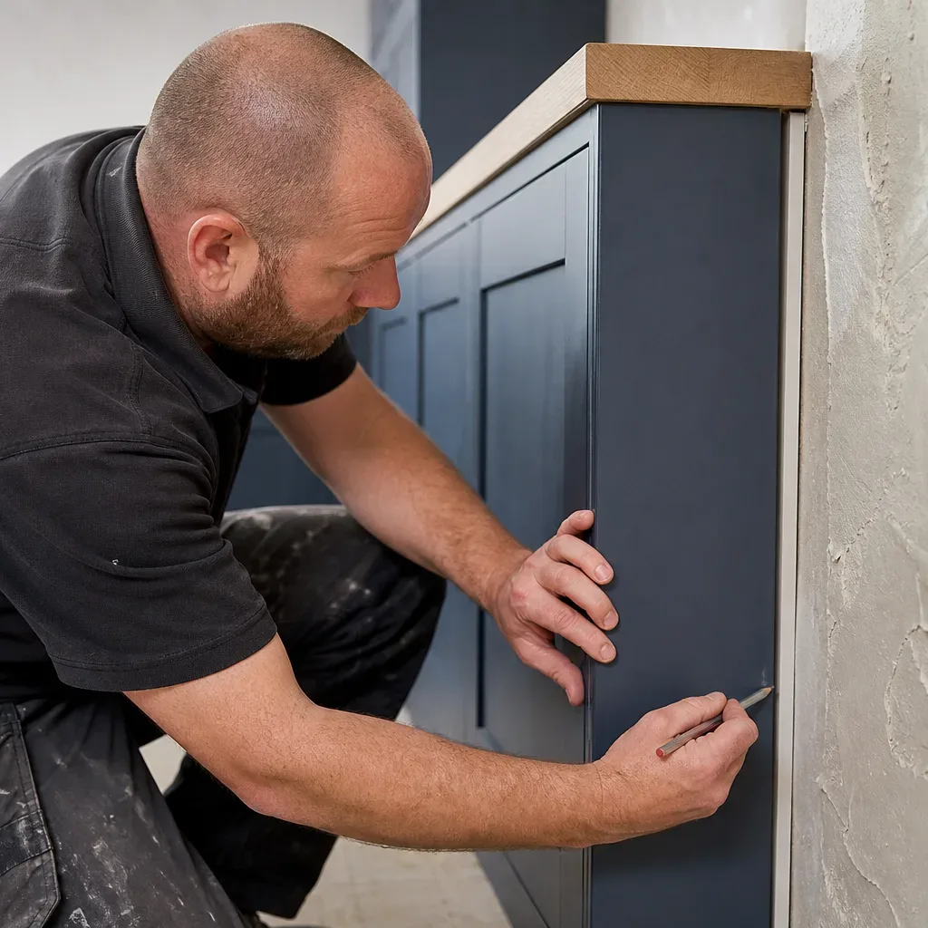 A kitchen fitter kneeling beside a base unit and scribing a filler panel against a thick uneven wall in a period residential kitchen where freshly installed shaker cabinetry in a deep painted finish runs along the adjacent wall