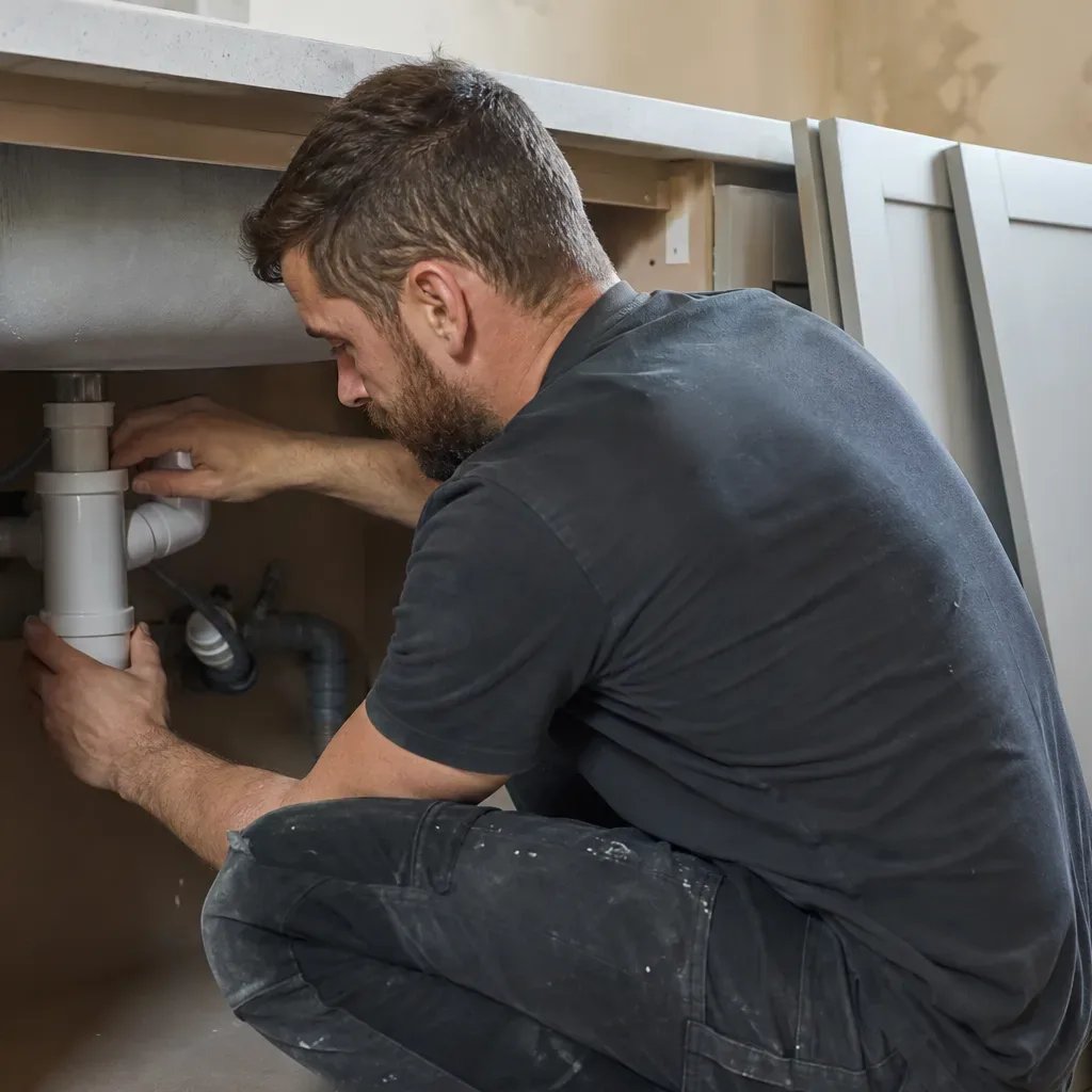 A person crouches under a kitchen base unit, working on white plastic waste pipes connected beneath a sink