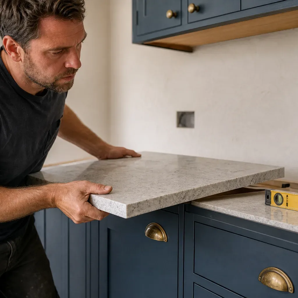 A kitchen fitter lifting a thick stone worktop section and positioning it carefully over a run of deep-painted shaker base units while a spirit level rests on top of the adjacent unit in a bright residential kitchen