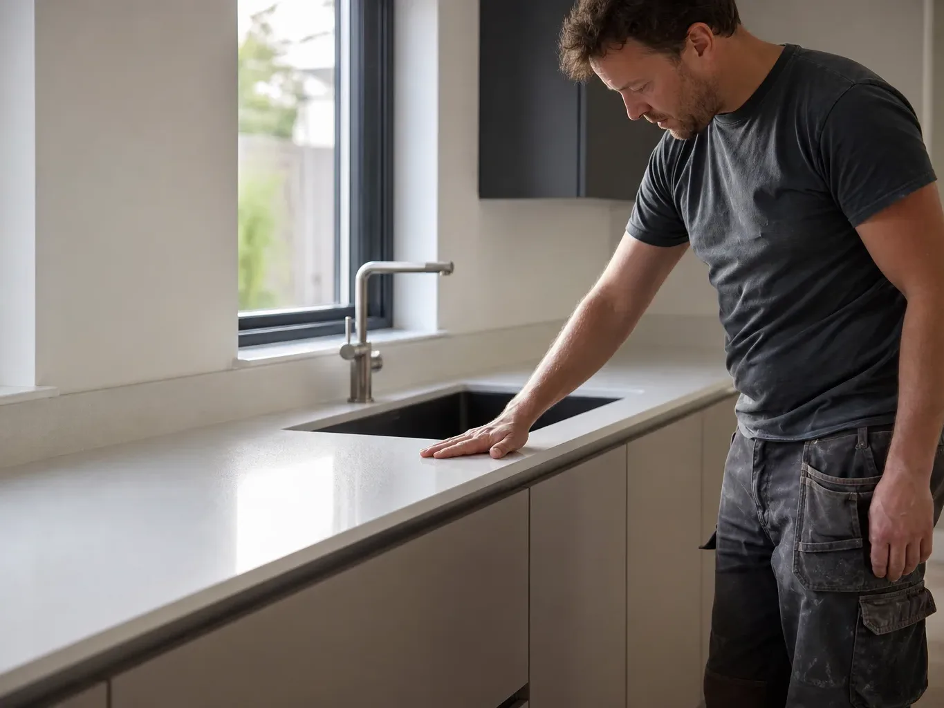 A tradesperson in work clothing standing beside a completed run of handleless base cabinets topped with a pale quartz worktop and pressing a hand flat on the stone surface to verify it sits level in natural light from a window above the sink