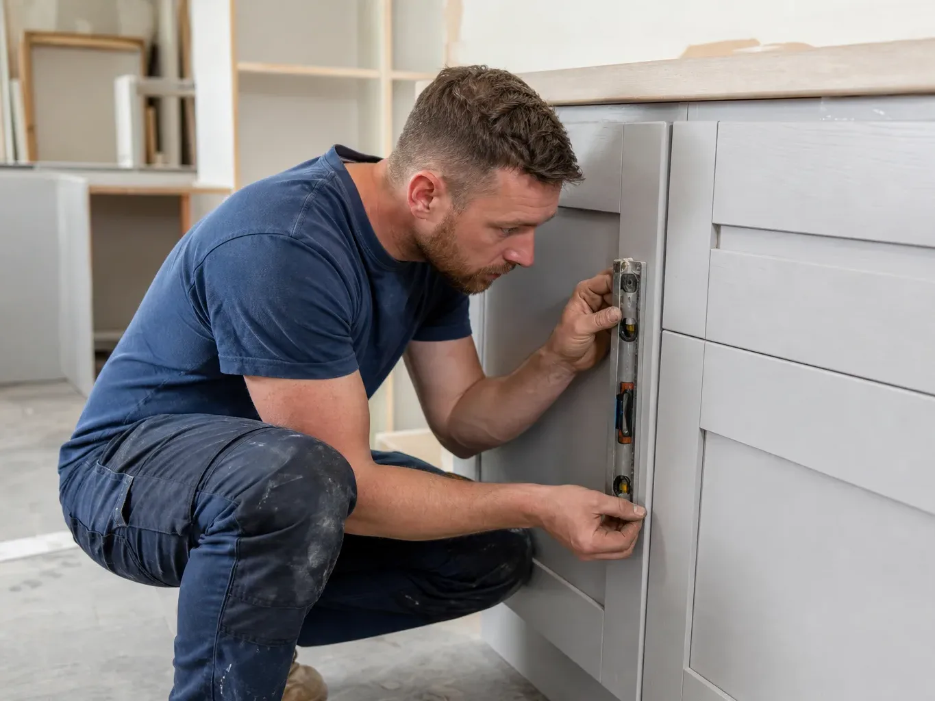 A kitchen fitter crouching at a base unit and checking the alignment of a shaker-style cabinet door with a cabinet alignment tool in a mid-renovation domestic kitchen where additional cabinet carcasses are stacked against the far wall awaiting installation