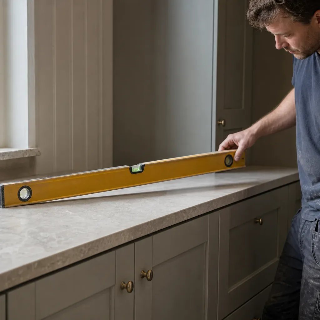 A tradesperson in work trousers standing at the end of a freshly completed run of painted shaker units and tilting a spirit level diagonally across the worktop surface to check the fall while natural light from a nearby window catches the stone edge detail