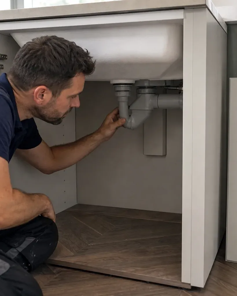 A tradesperson crouches on a herringbone floor to inspect the drain pipework beneath a kitchen sink cabinet, with a removed cabinet door leaning against the unit beside them