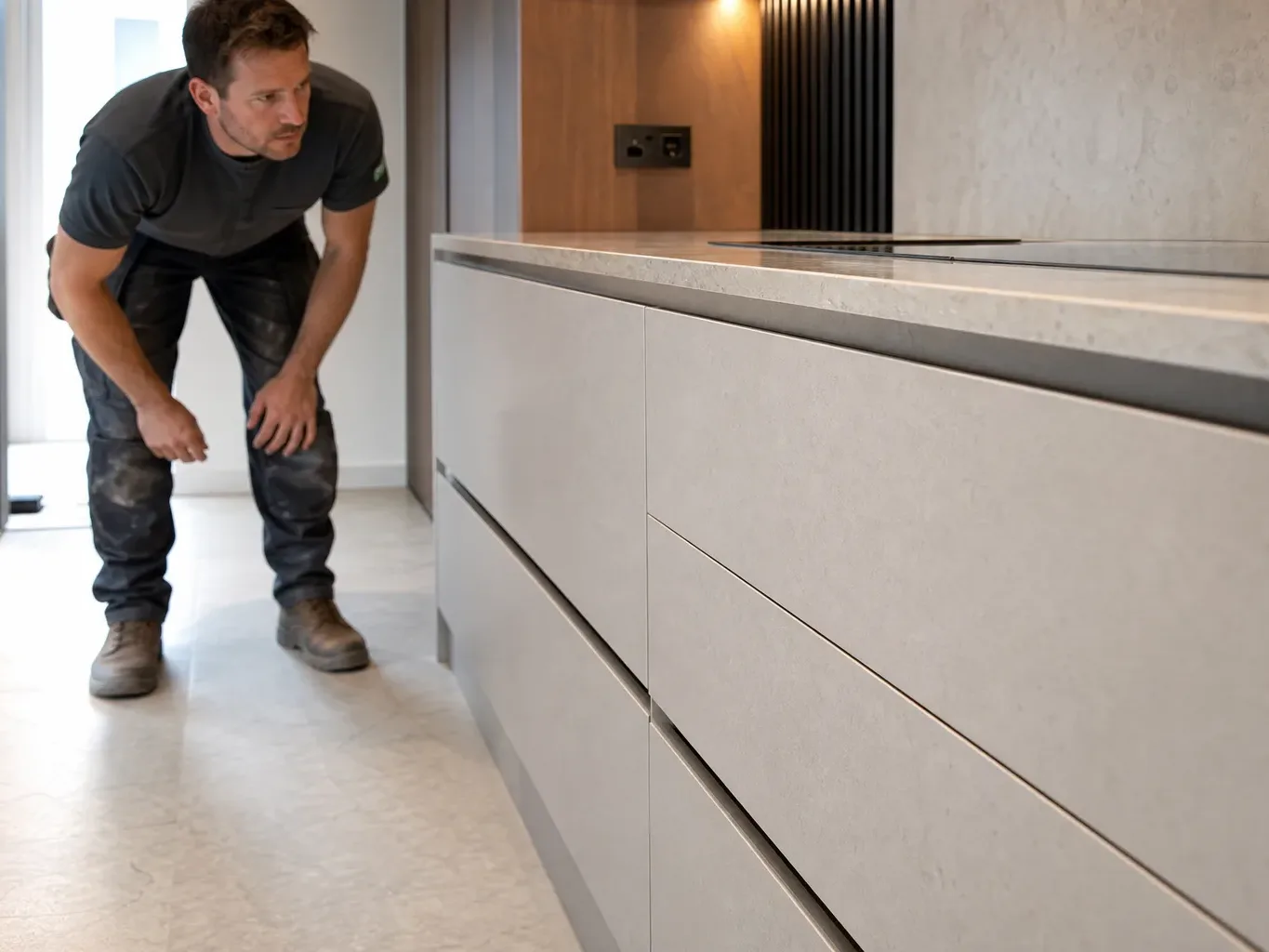 A tradesperson in work clothing stepping back from a completed run of handleless base cabinets with a freshly laid stone worktop and sighting along the cabinet face line to confirm the surfaces are continuous and flush in a bright domestic kitchen