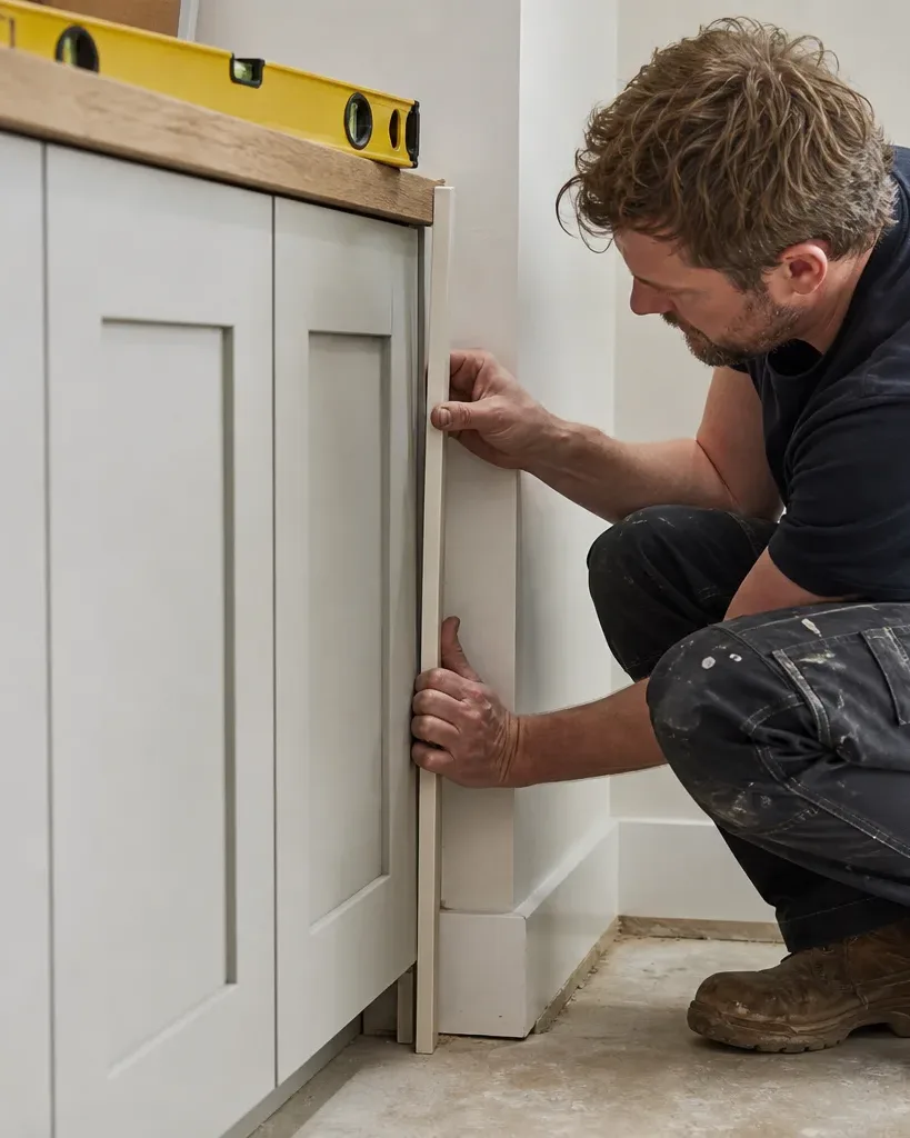 A kitchen fitter crouching at the junction between a run of neutral painted shaker base units and the wall and pressing a filler strip into the reveal gap while a spirit level rests on the worktop surface above in natural window light