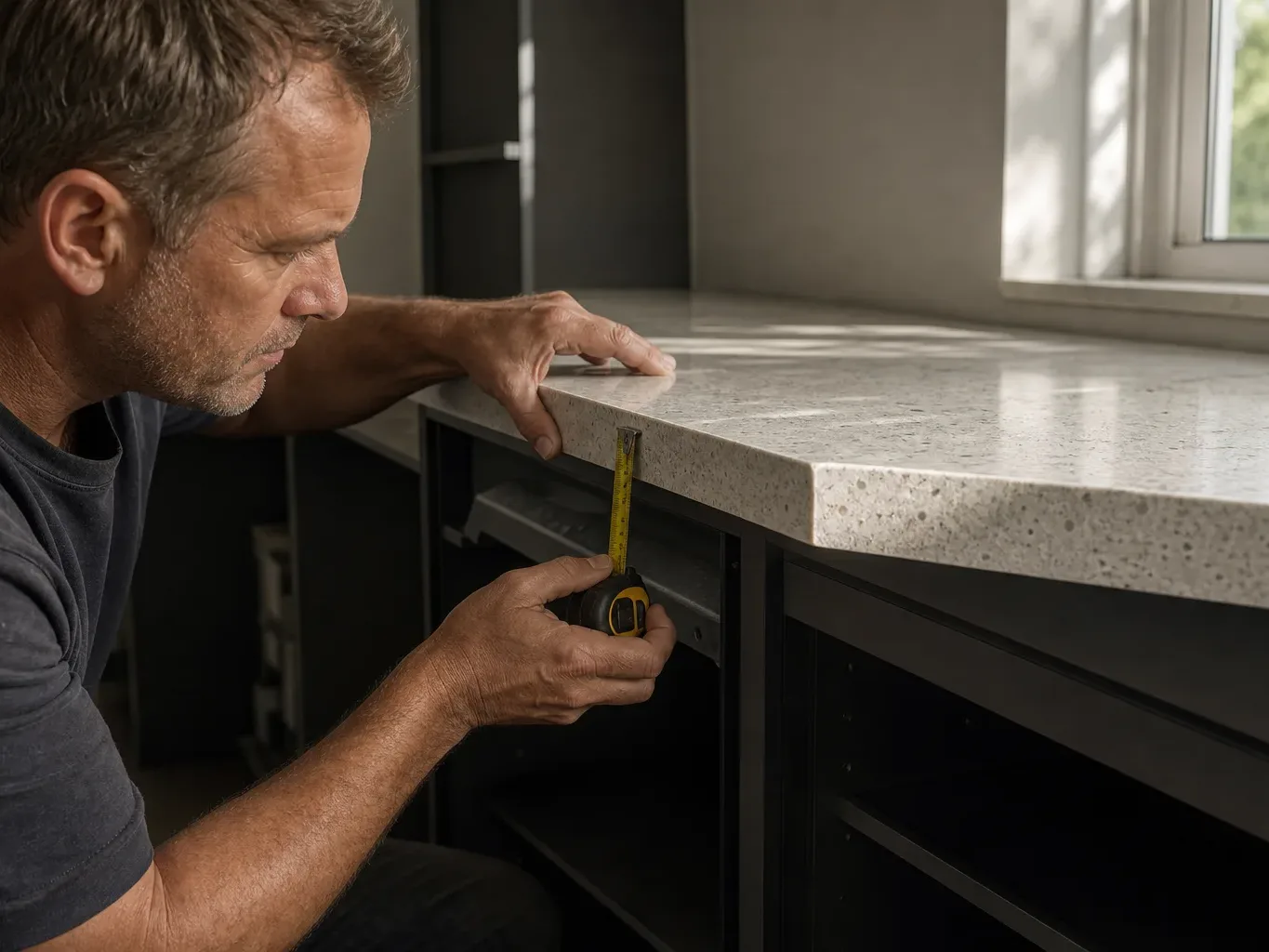 A kitchen fitter positioning a quartz worktop section onto a run of in-frame base cabinets and checking the front edge overhang with a tape measure while the visible stone edge detail catches the light from a nearby window