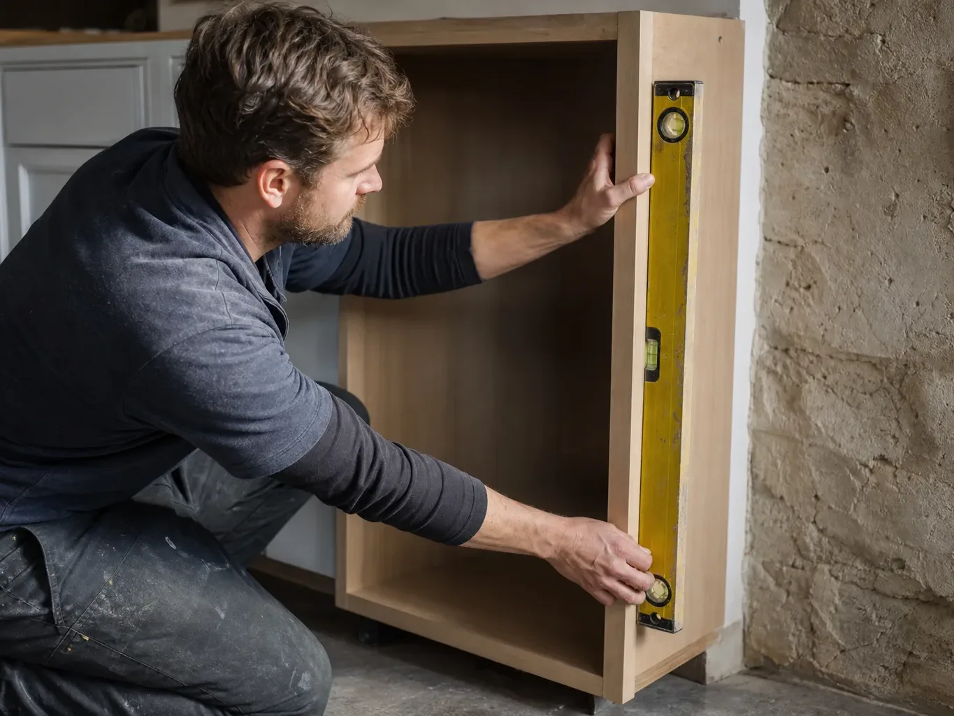 A tradesperson kneeling on the floor and using a spirit level to check that an in-frame cabinet carcass sits plumb against an irregular period wall while the painted face-frame of the adjacent completed unit is visible behind them
