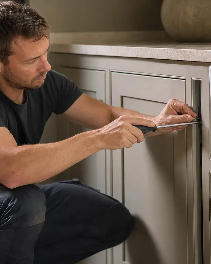 A kitchen fitter standing at a completed run of in-frame cabinets in a neutral painted finish and adjusting the position of a door within its timber frame using a screwdriver while a ceramic undermount sink is visible set into the stone worktop at the far end