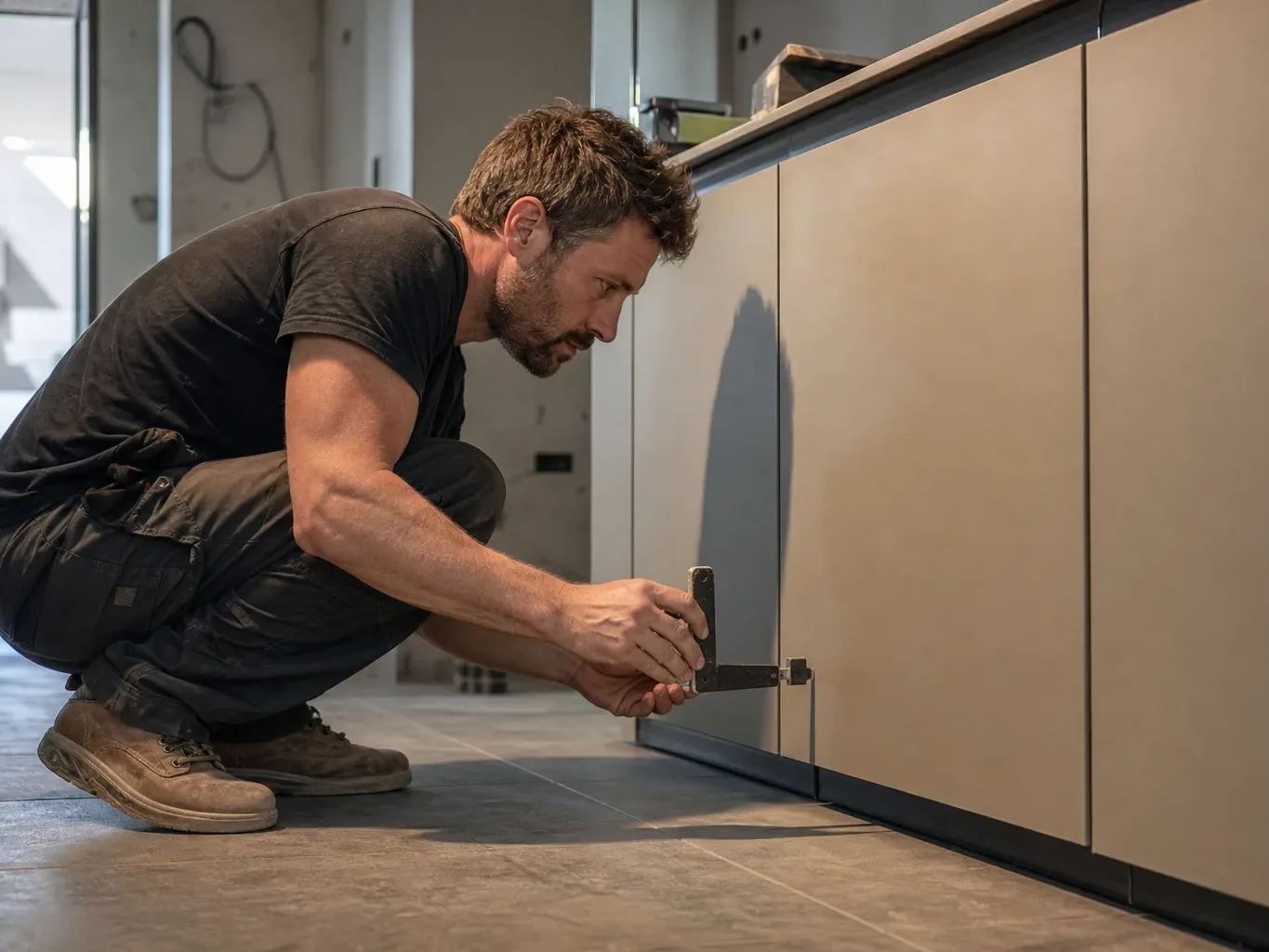 A tradesperson crouching at floor level and using a cabinet alignment tool to set the precise overhang of a handleless base unit on a freshly laid floor in a mid-renovation open-plan kitchen