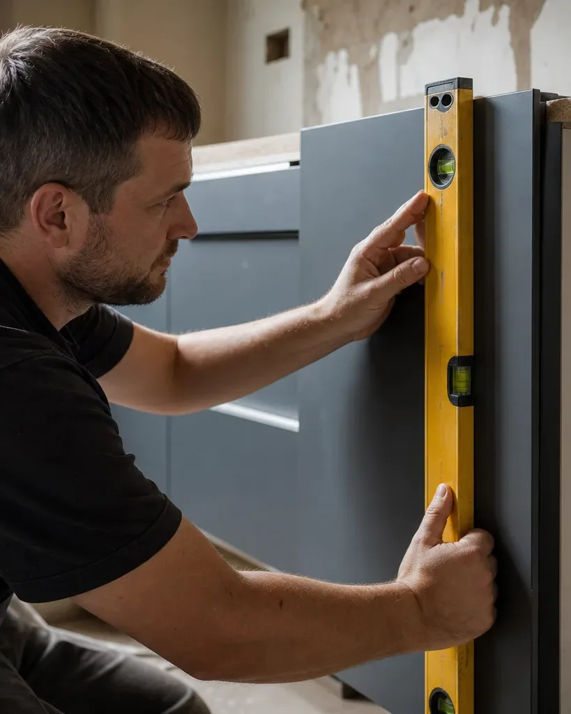 A kitchen fitter standing at an open carcass and checking the alignment of a handleless cabinet door with a spirit level pressed flat against the door face in a mid-renovation domestic kitchen