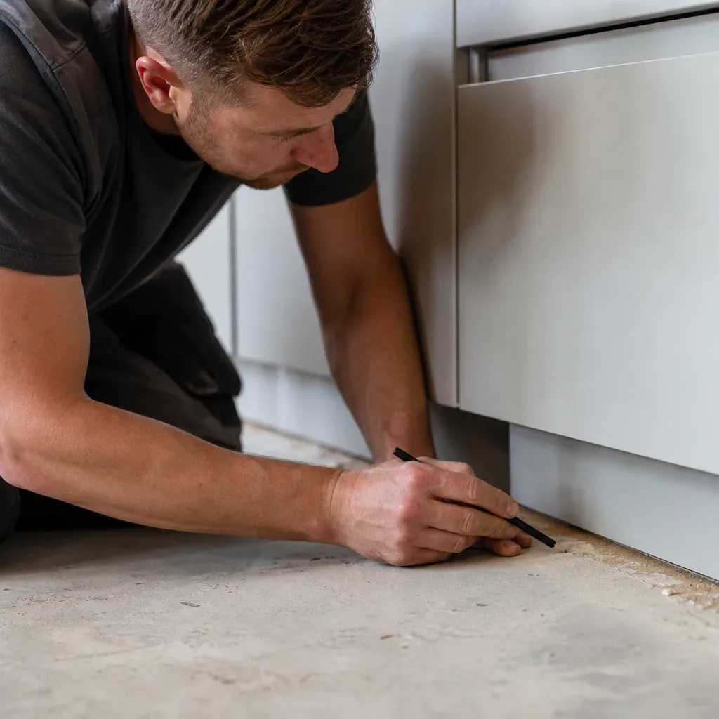 A tradesperson kneels on a bare floor, using a pencil to mark a measurement at the base of a newly installed grey handleless kitchen unit