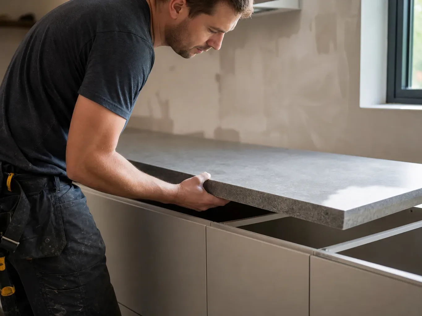 A kitchen fitter lifting a stone worktop section onto a run of freshly installed handleless base cabinets while the visible quartz edge detail catches the natural light from a nearby window