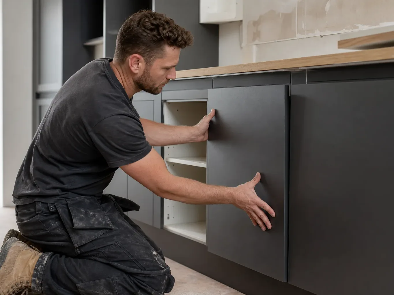 A tradesperson in work trousers using both hands to press a handleless cabinet door firmly onto its hinges while the raw carcasses of a newly fitted kitchen line the wall behind them