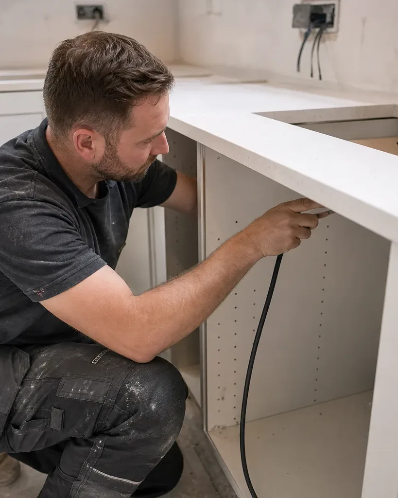 A kitchen fitter crouching beside a base unit and feeding a dedicated hob power cable through the back of the carcass before the induction unit is dropped into the quartz worktop cutout in a mid-renovation domestic kitchen with shaker cabinet doors ready to hang