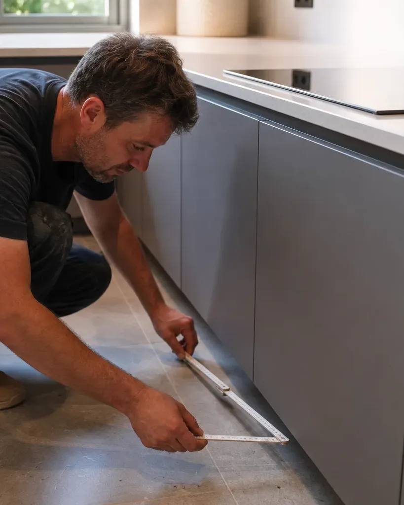 A kitchen fitter crouching at the base of a newly completed cabinet run and checking that the handleless doors clear the floor evenly with a folding rule while the induction hob sits flush in the quartz worktop visible above in natural light from the window
