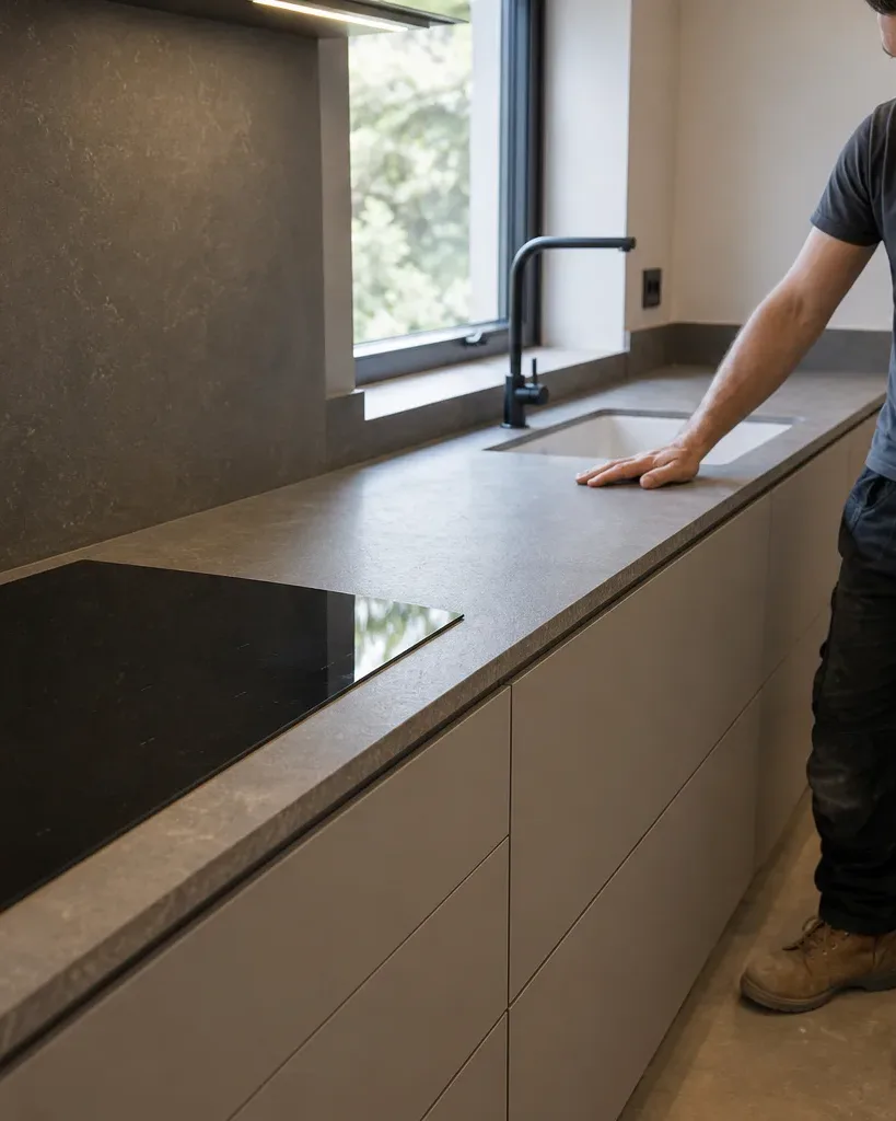 A tradesperson in work trousers standing at the end of a completed run of handleless base units and pressing a hand flat on the stone worktop surface beside the freshly fitted induction hob while the ceramic undermount sink is visible at the far end under the window