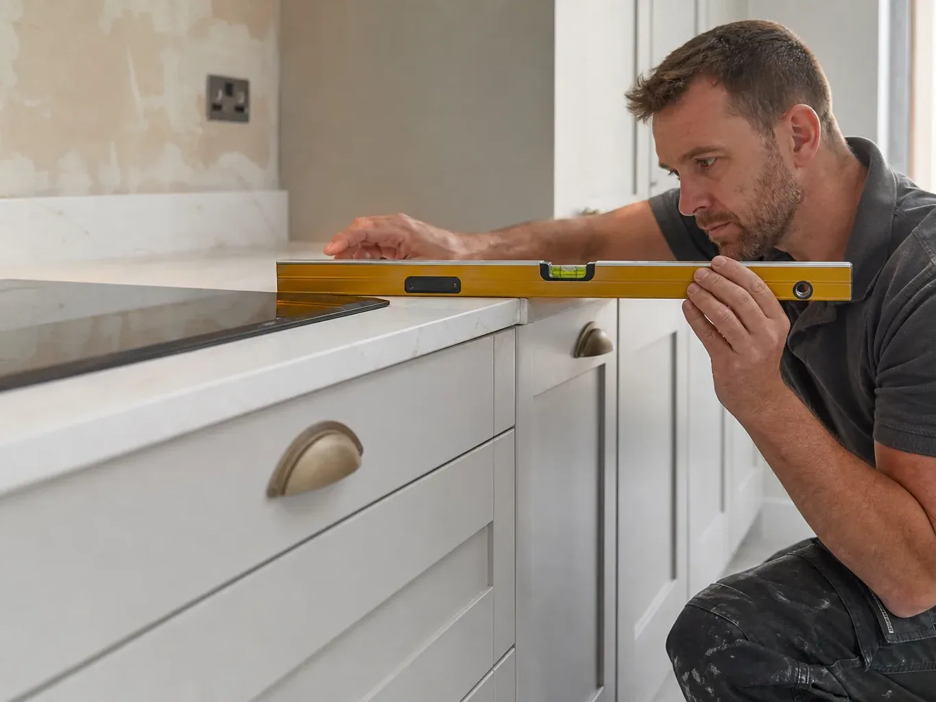A kitchen fitter crouching at the junction between the hob cabinet and the adjacent shaker-style base unit and using a spirit level across both worktop sections to confirm the stone surfaces are level in a bright domestic kitchen mid-renovation