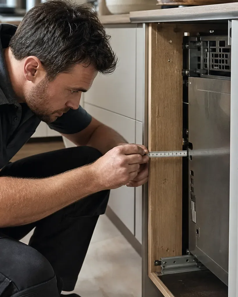 A tradesperson crouches to measure the side panel of a base unit during a kitchen installation