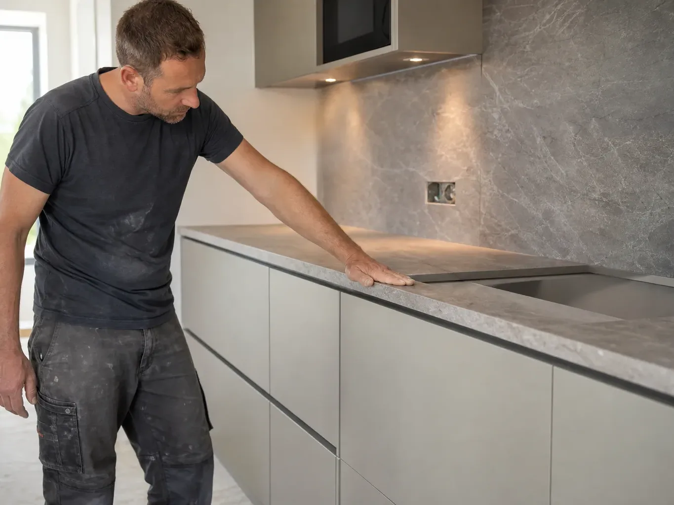 A tradesperson in work trousers standing at the end of a completed run of handleless base units with integrated appliance panels matching the cabinet faces and pressing a palm against the stone worktop edge to confirm the surface is level in a bright domestic kitchen