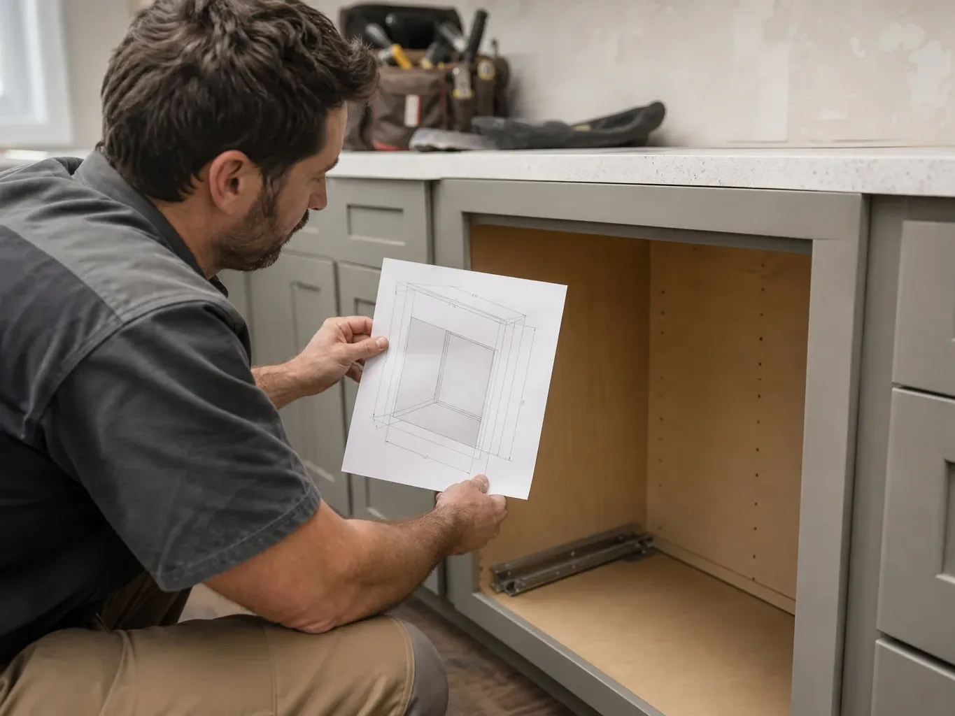 A person crouches in front of an open base cabinet, holding a printed technical drawing and comparing it to the cabinet interior