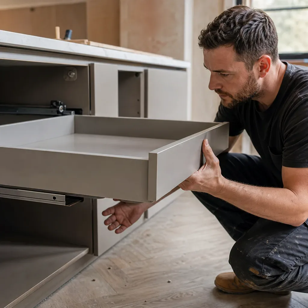 A kitchen fitter crouching beside an open base unit and sliding a deep drawer on its runners to check the extension travel is correct before securing the drawer box in place in a mid-renovation residential kitchen with handleless cabinet doors ready for hanging