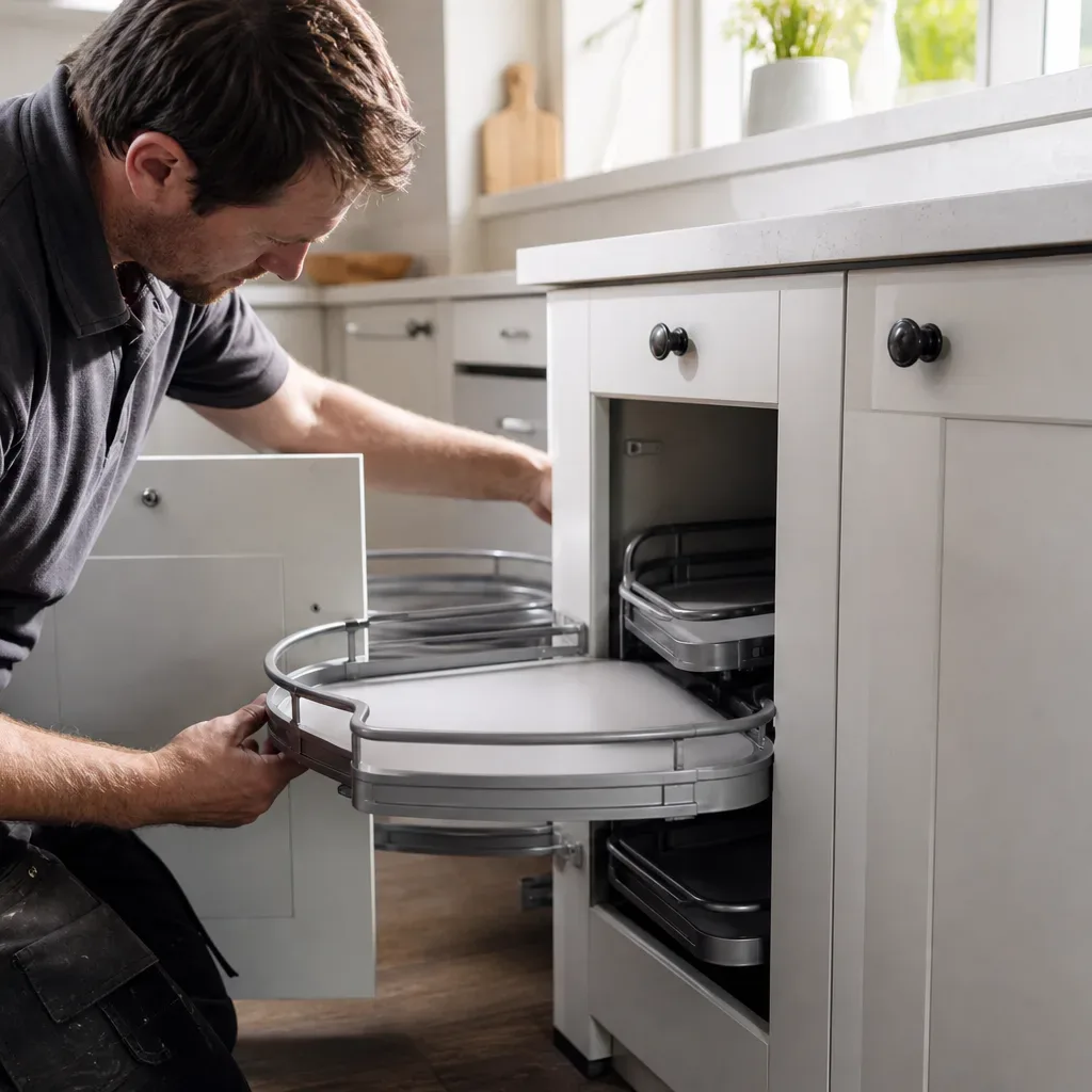 A tradesperson crouches to install a rotating corner carousel unit inside a base cabinet in a domestic kitchen