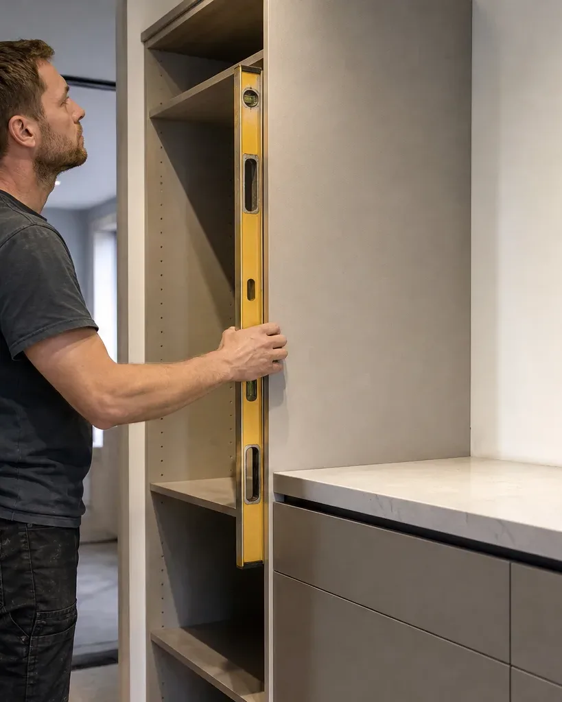 A kitchen fitter standing beside a tall larder unit carcass and checking its plumb with a spirit level pressed vertically against its side while the surrounding handleless base cabinets are already fixed and the stone worktop edge detail is visible at the same height