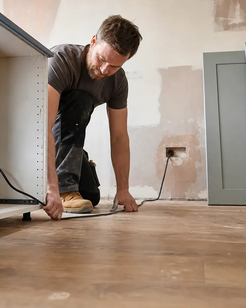 A person kneels on the floor routing a cable beneath a white base unit in a partially renovated room, with grey cabinet doors leaning against the wall behind them