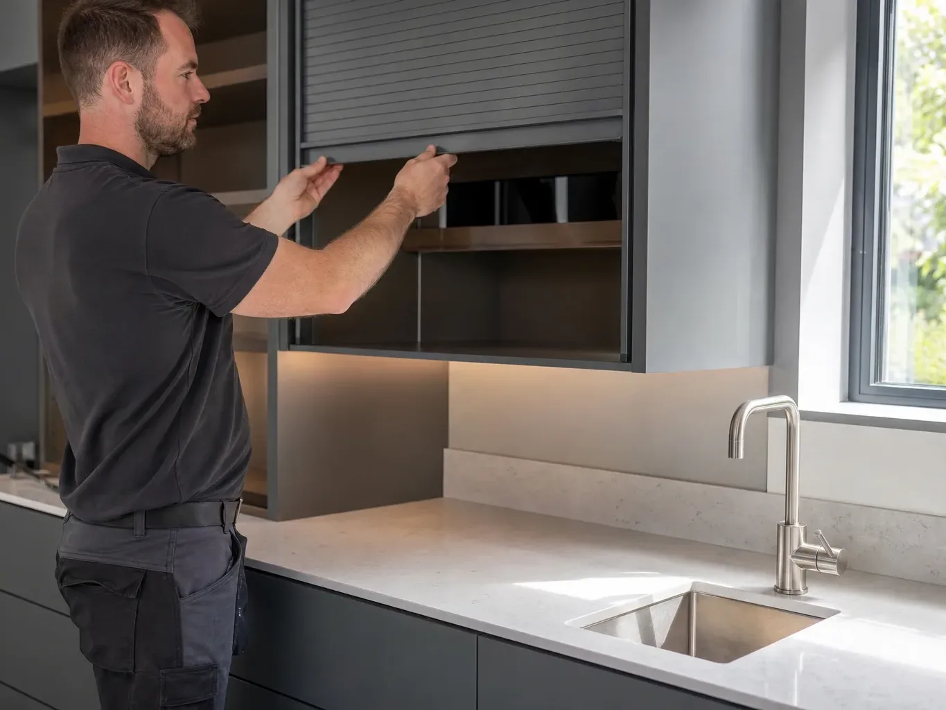 A person in work clothing opens a tambour-door wall cabinet above a sink with a stone worktop in a modern kitchen