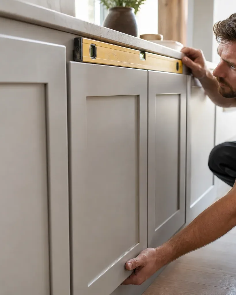 A tradesperson crouching beside a base unit and positioning a spirit level across the top of freshly fitted shaker-style doors to confirm they sit flush in a bright residential kitchen