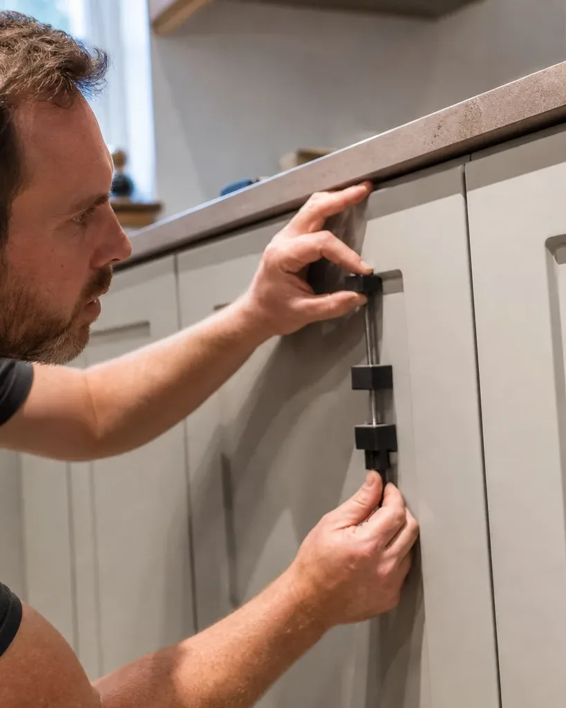 A kitchen fitter using a cabinet alignment tool to fine-tune the gap between two shaker-style base units finished in a muted painted colour in a mid-renovation domestic kitchen with visible natural light