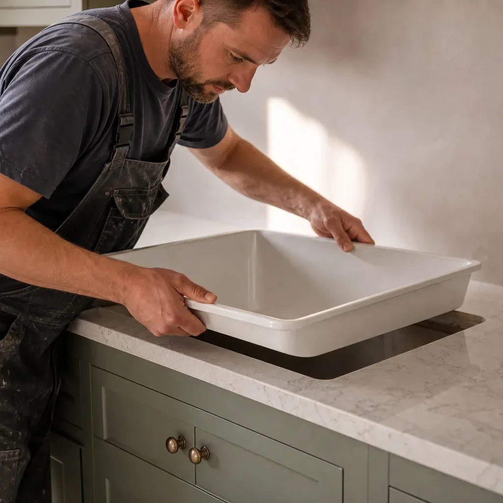A tradesperson in work clothing carefully lowering a ceramic undermount sink into a cutout in a newly fitted stone worktop set into a run of painted shaker cabinets in a residential kitchen
