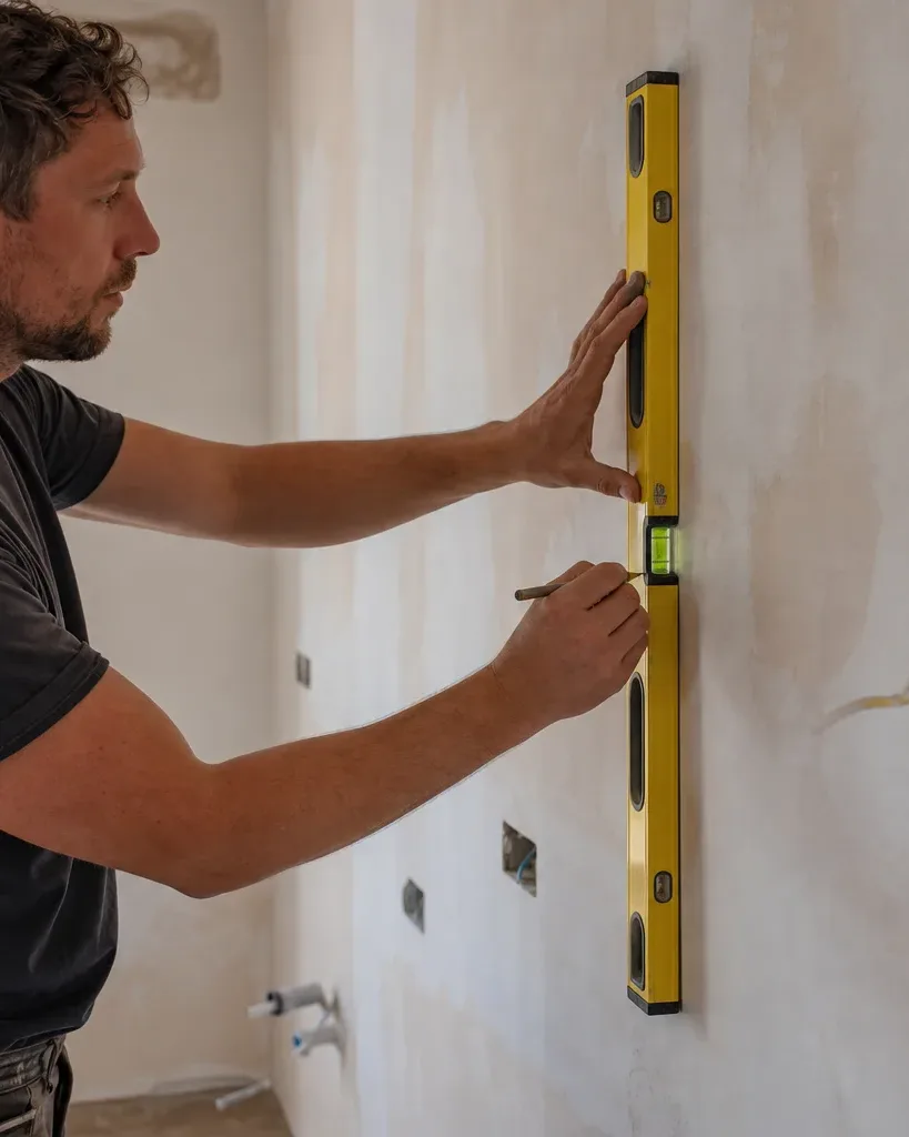 A person uses a spirit level and pencil to mark a wall during a home renovation