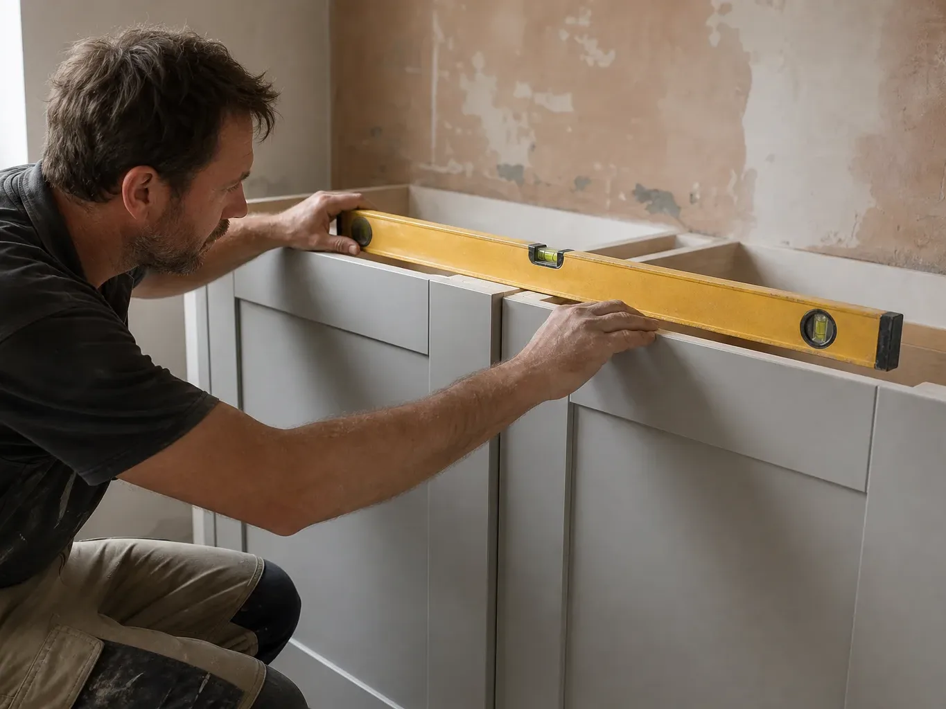 A tradesperson crouching at floor level and pressing a spirit level across the top of two adjacent shaker-style base unit carcasses to confirm they are level with each other before the worktop is fitted in a mid-renovation residential kitchen