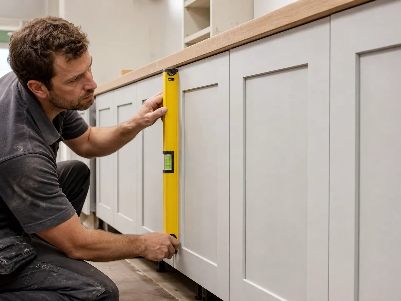 A kitchen fitter crouching at the plinth level of a newly installed run of shaker-style base units and using a spirit level to verify the front face of each cabinet is in a continuous vertical plane in a bright mid-renovation domestic kitchen