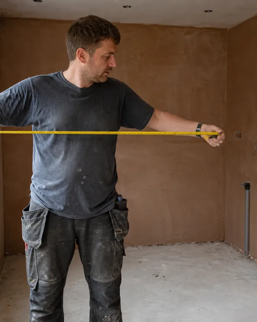 A tradesperson uses a tape measure to take a width reading across a freshly plastered room during a home renovation