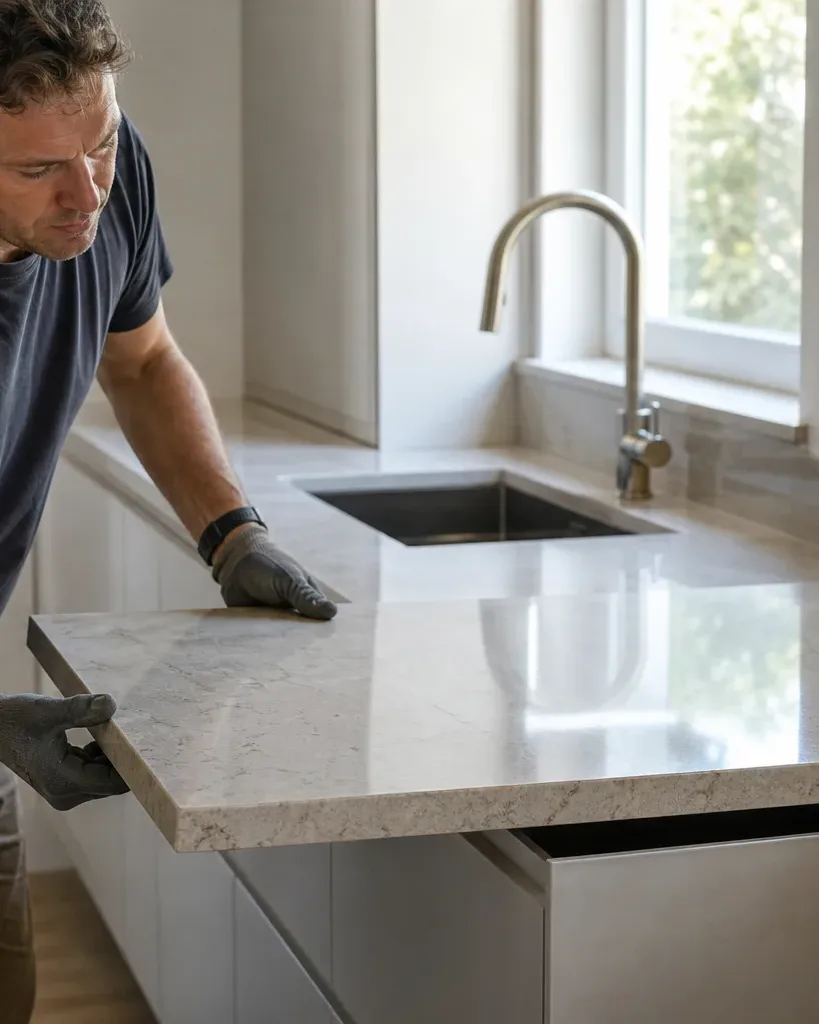 A kitchen fitter lowering a section of stone worktop with visible edge detail onto a run of completed handleless base cabinets while the natural light from a window above the sink illuminates the quartz surface in a residential kitchen