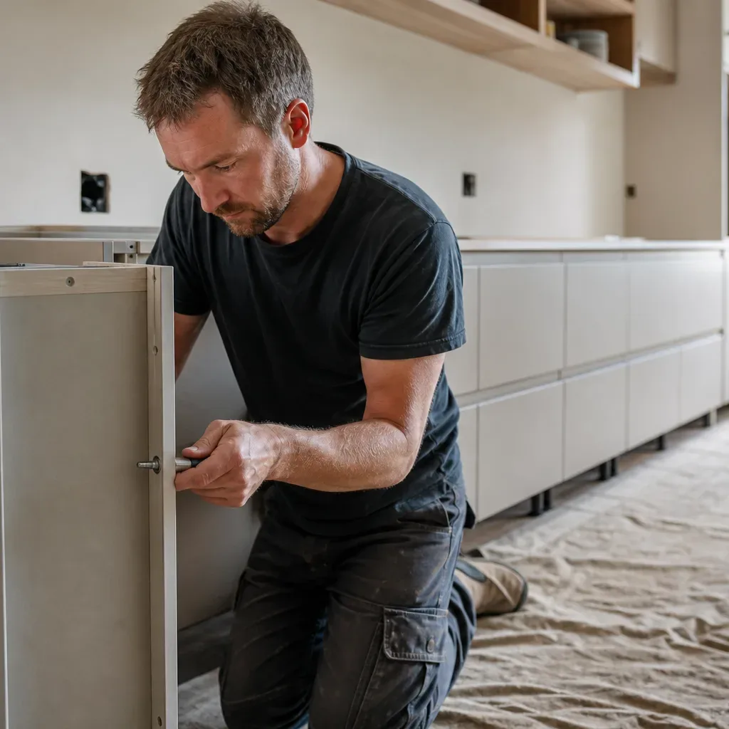 A kitchen fitter kneeling on a dustsheet and bolting two base unit carcasses together with a connector bolt while a long run of freshly installed handleless cabinets stretches along the wall behind them in a residential kitchen with natural light