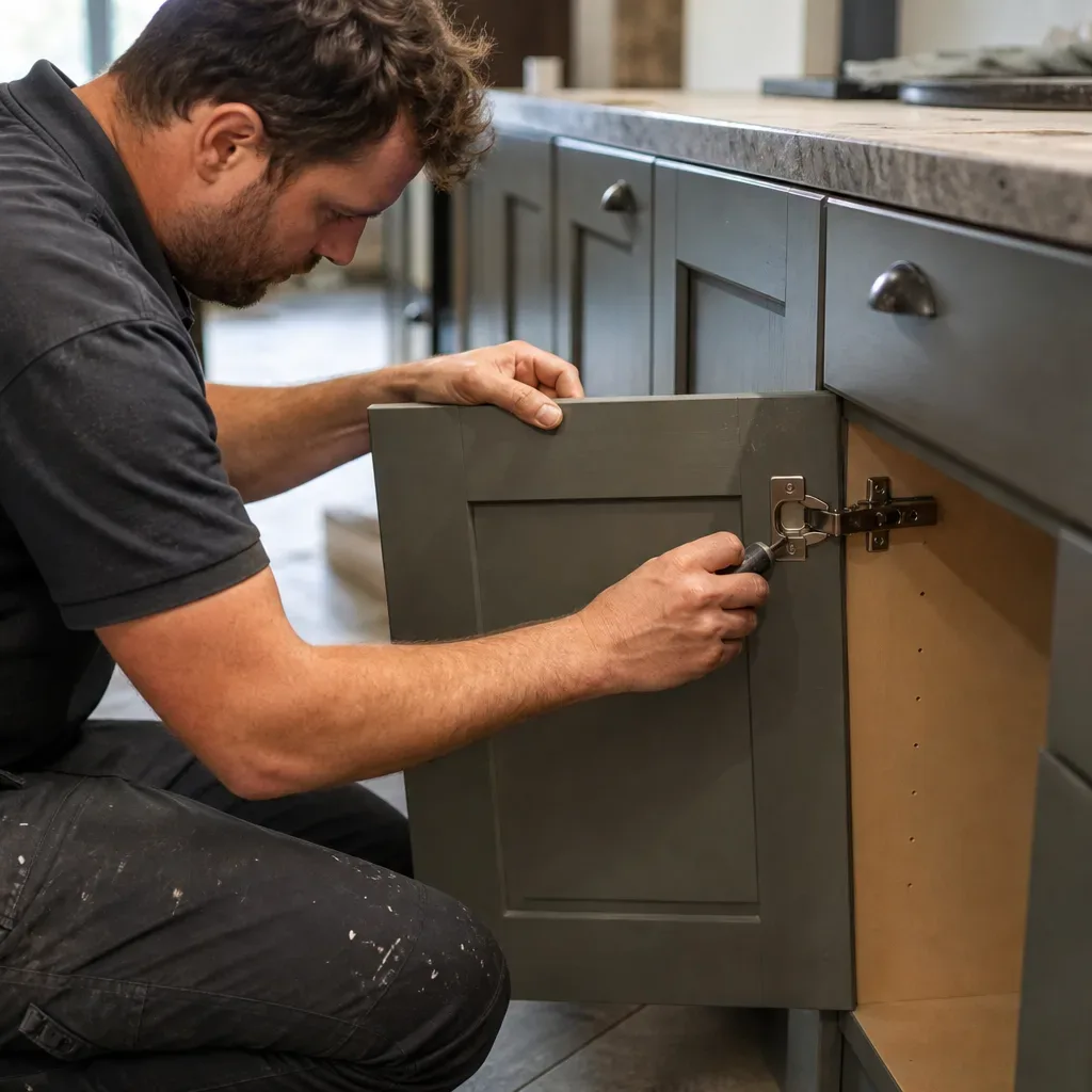 A tradesperson crouching beside an open base unit carcass and fitting the soft-close hinge to a shaker-style cabinet door while a stone worktop with visible edge detail sits on the run of completed units behind them