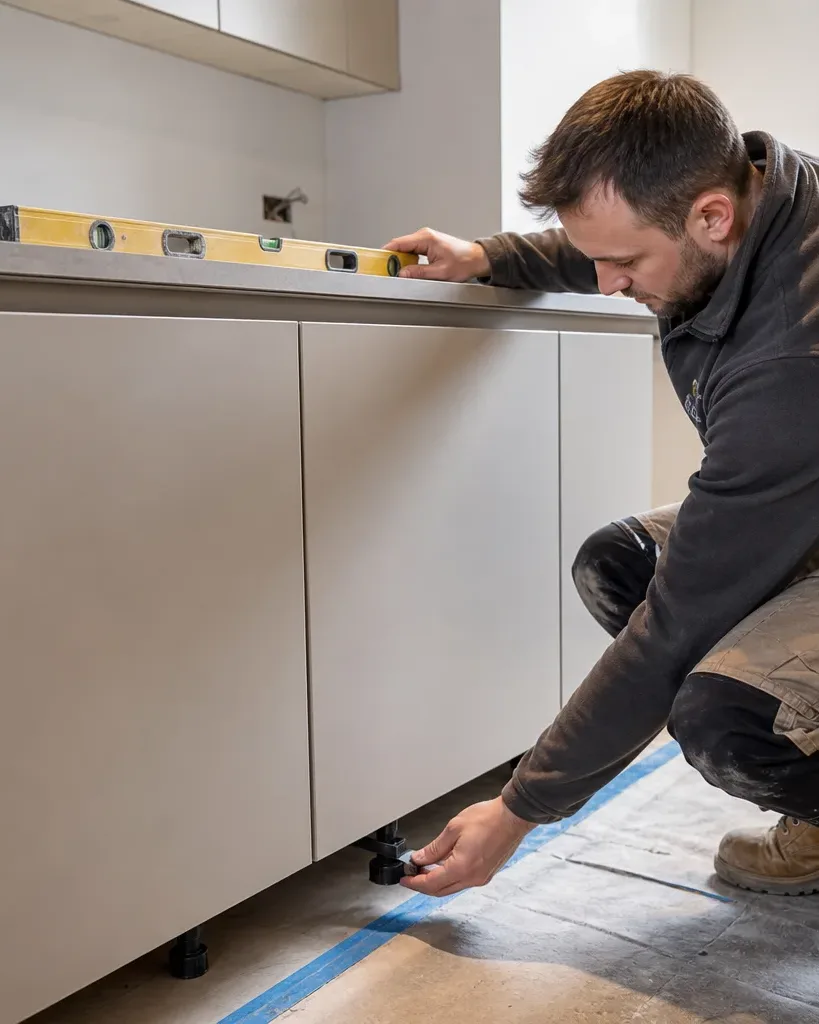 A kitchen fitter pressing a spirit level along the top surface of a newly installed run of handleless base units and adjusting the leg leveller beneath the end unit to correct a slight tilt in a bright residential kitchen mid-renovation