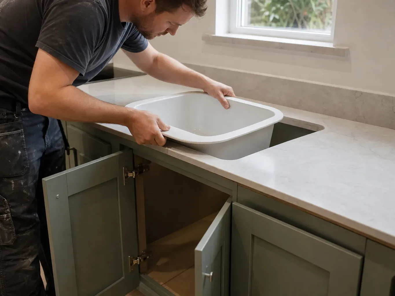A tradesperson in work trousers carefully lowering a ceramic undermount sink into a pre-cut aperture in a freshly fitted stone worktop while the painted shaker cabinet doors of the base unit below are visible and open