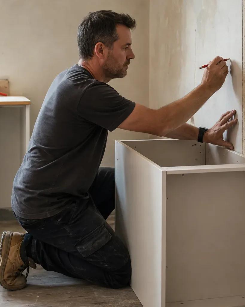 A person kneels on a wooden floor marking measurements on a wall while positioning a white base cabinet unit during a kitchen renovation