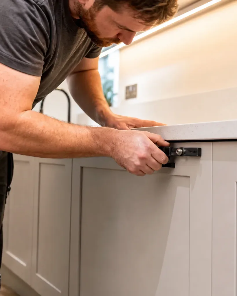 A tradesperson in work trousers pressing a cabinet alignment tool against the top rail of a freshly installed shaker-style base unit while the quartz worktop edge detail is visible resting on the completed cabinets in a bright domestic kitchen