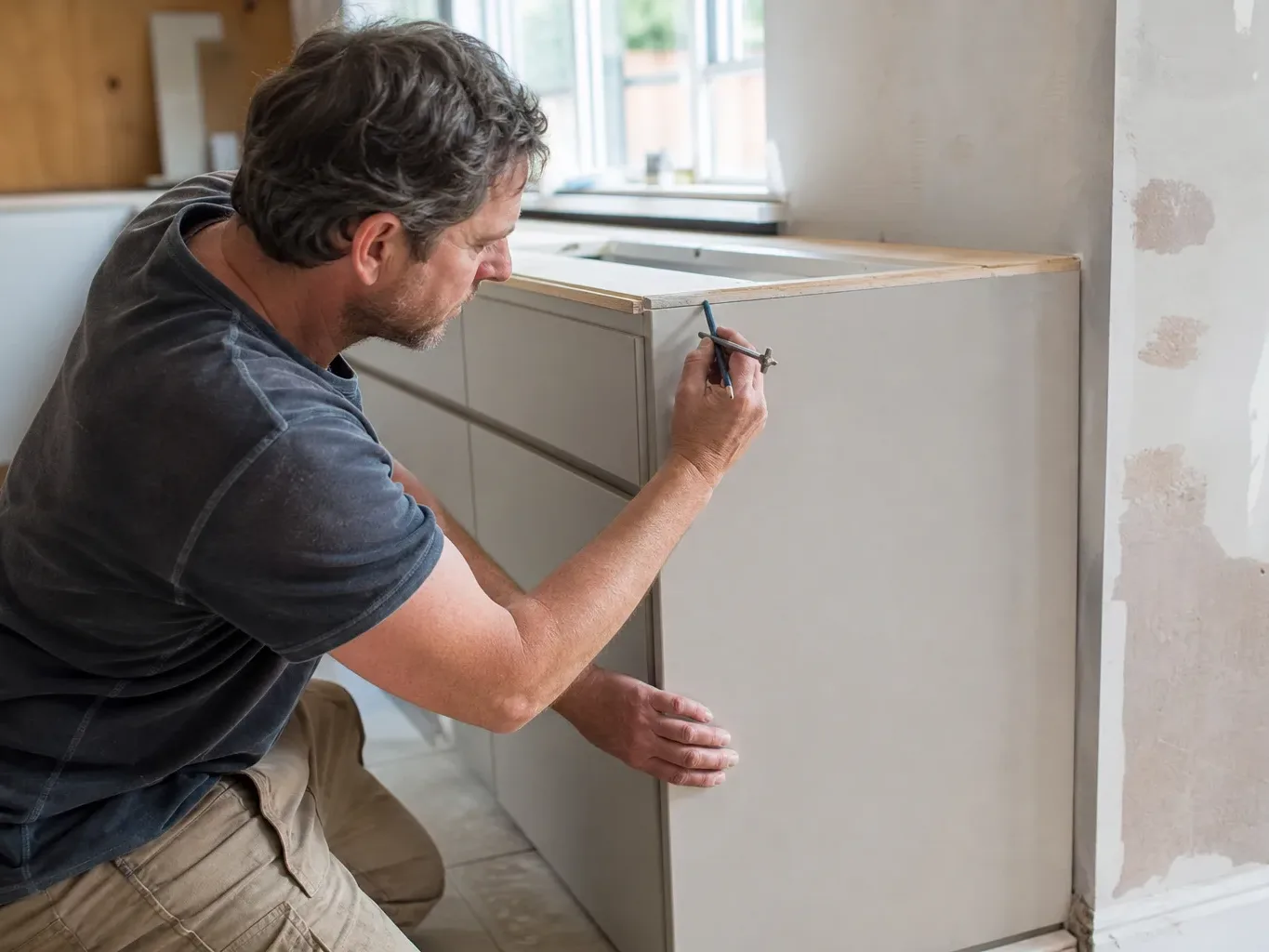 A kitchen fitter kneeling at the end of a handleless cabinet run and scribing a side panel against a wall with a pencil compass while the neutral painted cabinet faces and natural window light are visible in the mid-renovation residential kitchen