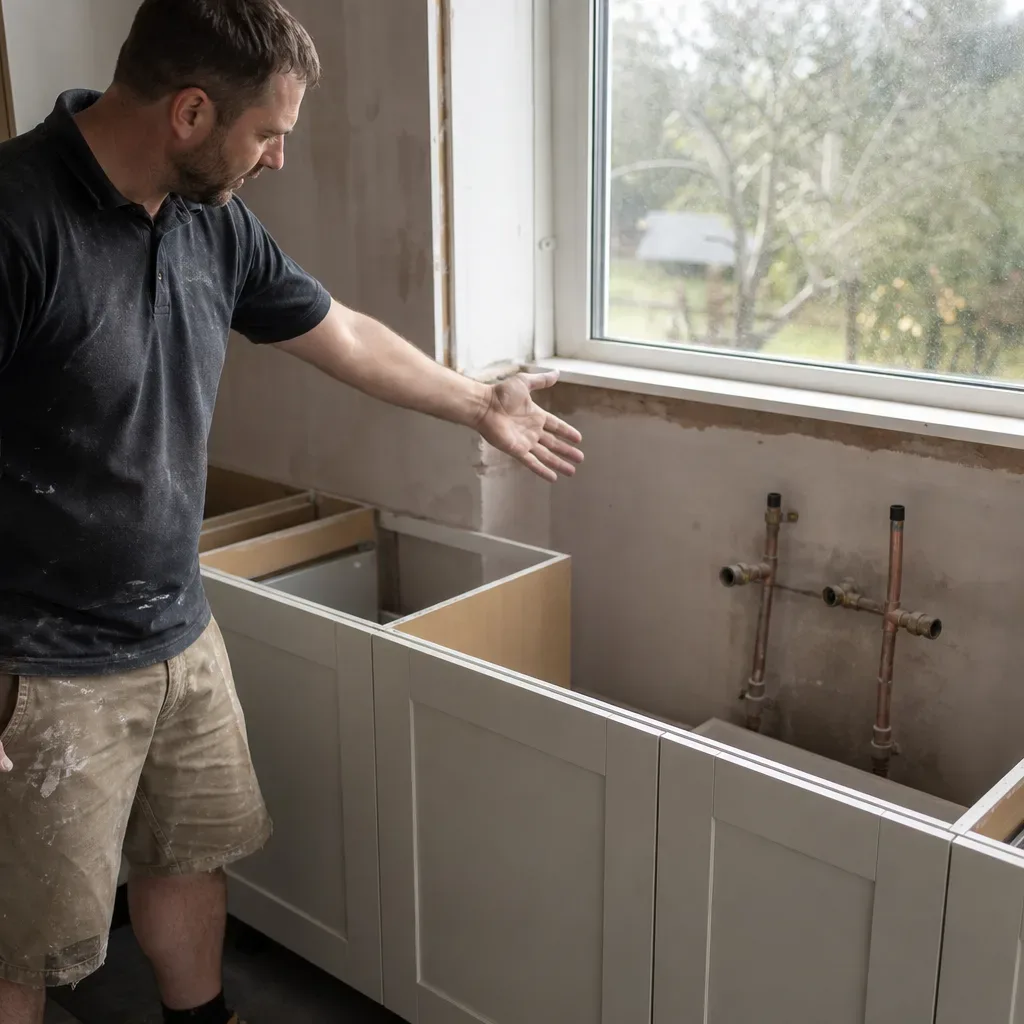 A tradesperson gestures towards exposed copper pipework inside an open base unit cabinet during a kitchen renovation