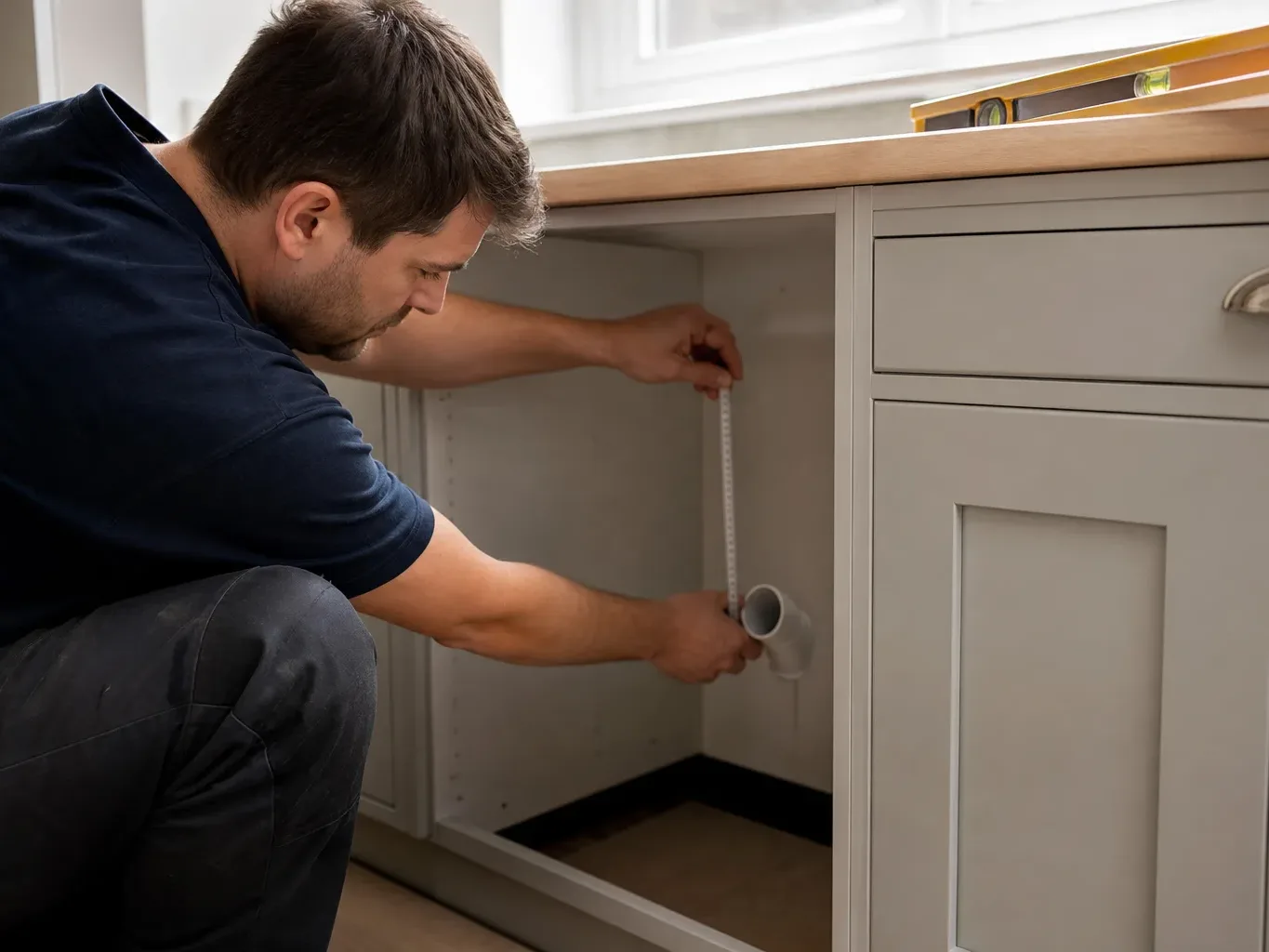 A kitchen fitter crouching at the side of a base unit run and checking the position of a waste pipe outlet against the cabinet back panel measurement while a spirit level rests on top of the adjacent shaker-style unit and natural light enters from a window above