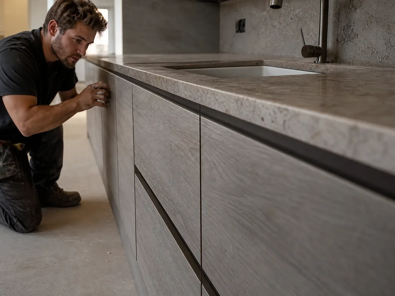 A tradesperson standing at the end of a newly installed run of handleless kitchen cabinets and sighting along the cabinet faces while the ceramic undermount sink set into the stone worktop at the far end of the run is visible in the background of the residential kitchen