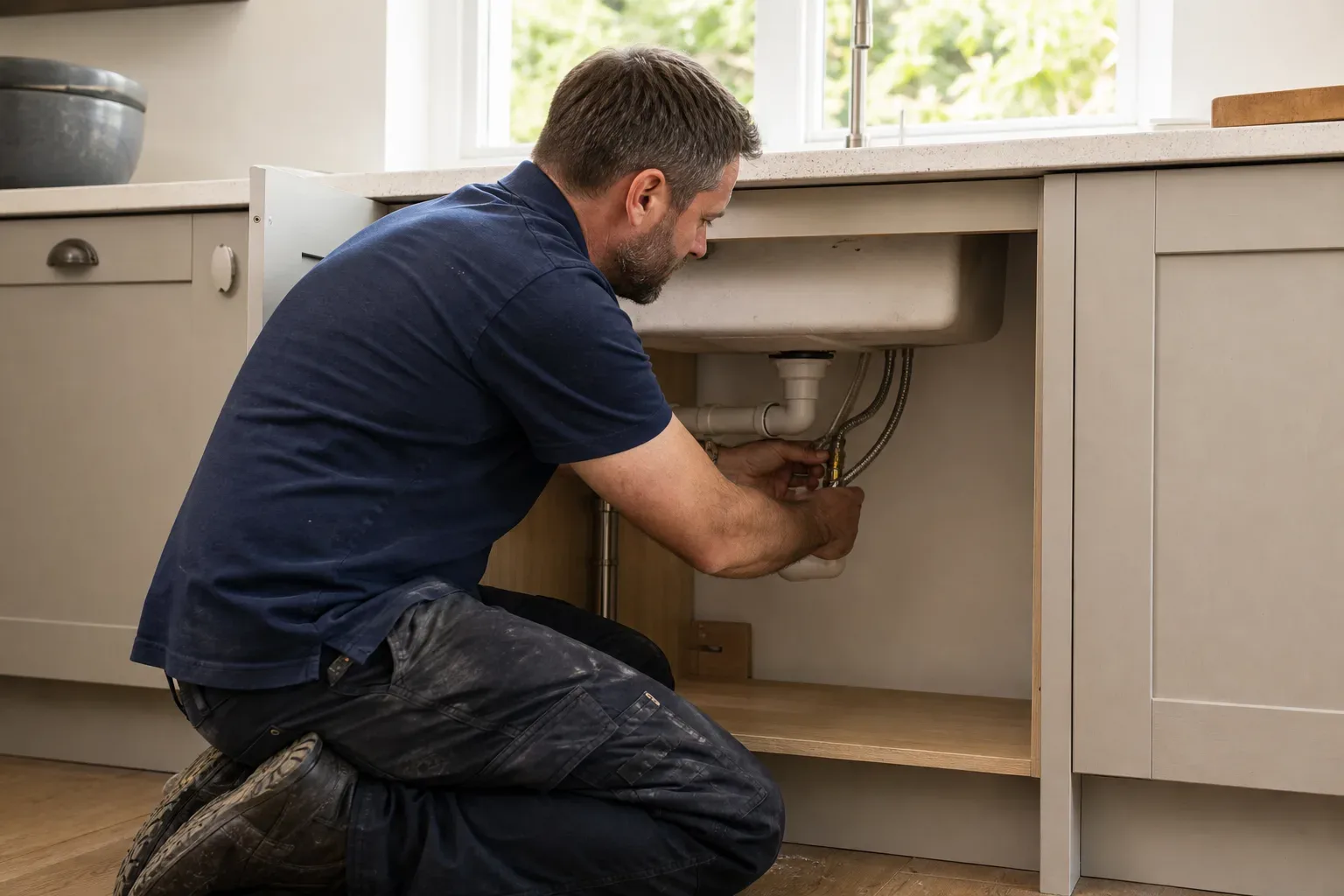 A tradesperson crouches under a kitchen sink unit, working on the plumbing pipework and flexible hoses beneath an undermount sink