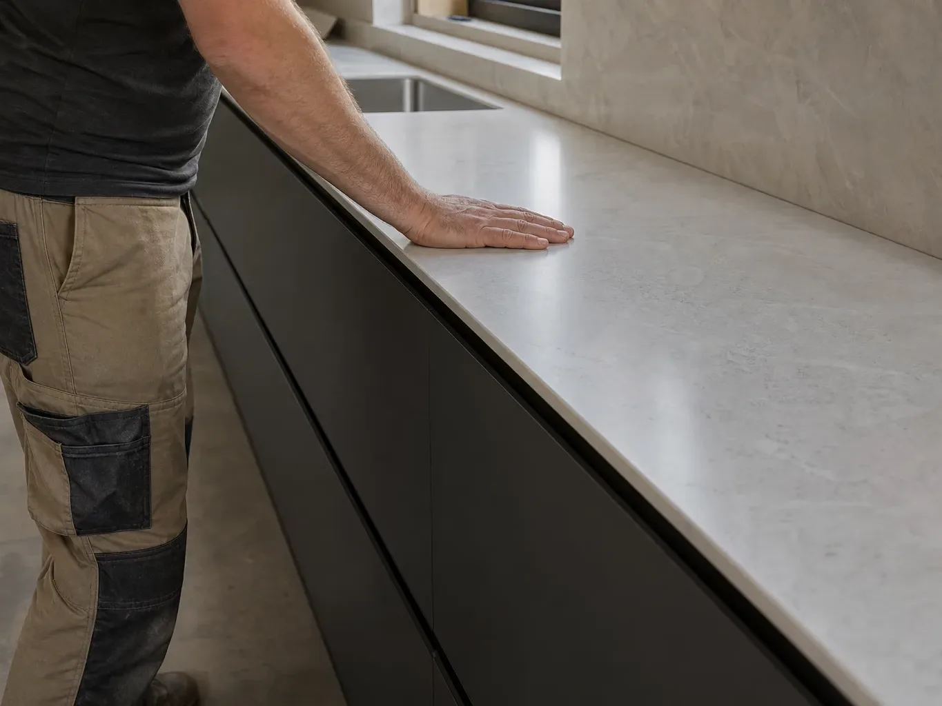 A tradesperson in work trousers standing at the end of a completed run of handleless base units and pressing a palm flat on the pale quartz worktop to confirm it is seated evenly while the ceramic undermount sink is visible at the far end below the window